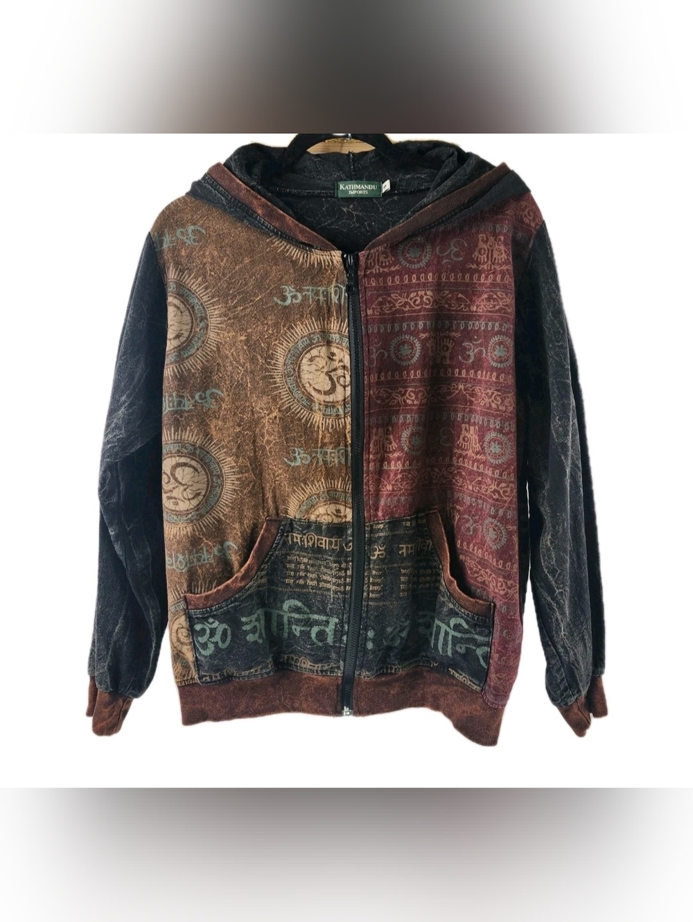 Kathmandu Imports 100% Cotton Hooded Zip Jacket  Om Namah Shivaya Shanti Mantras